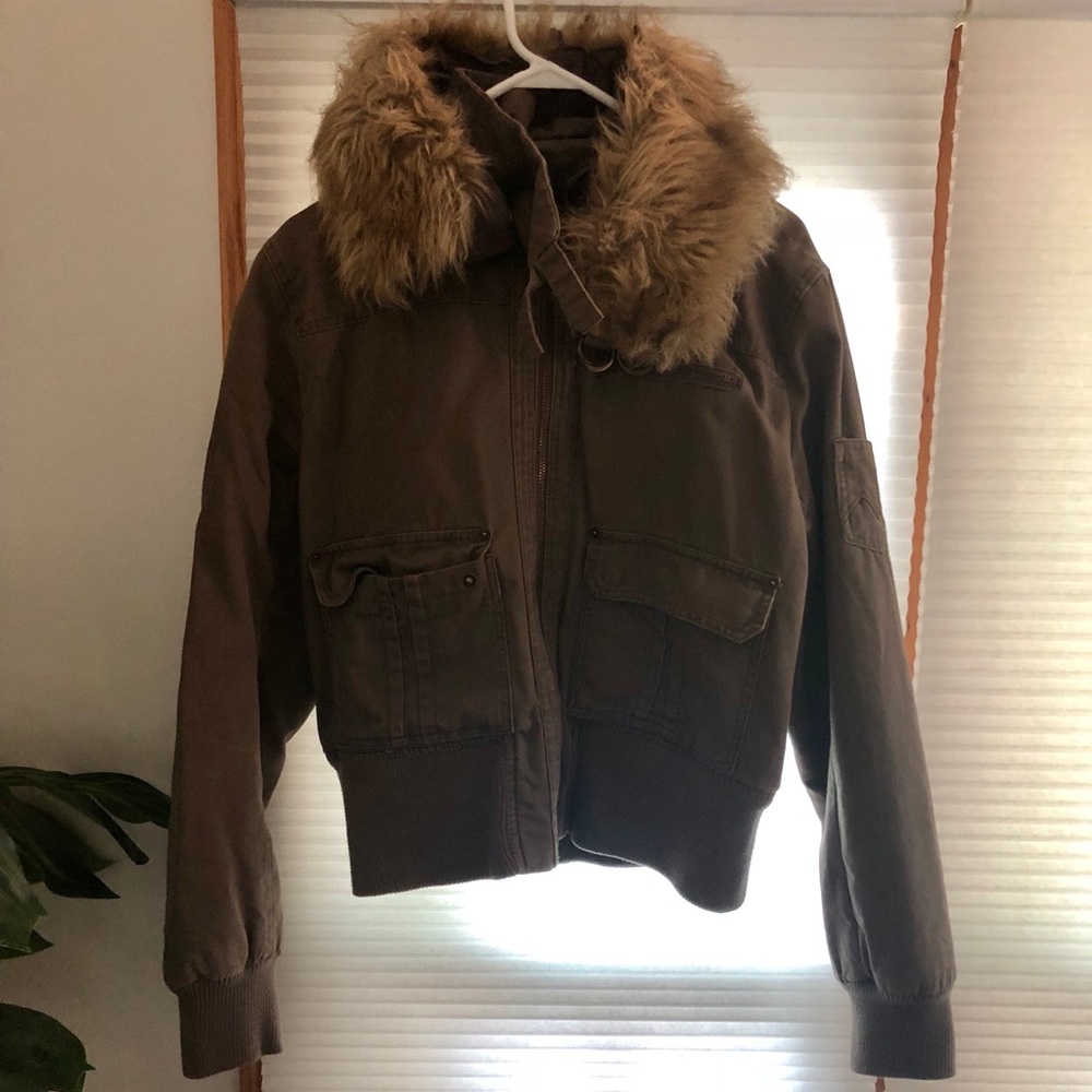 Dark Green Bomber Jacket with Faux Fur
